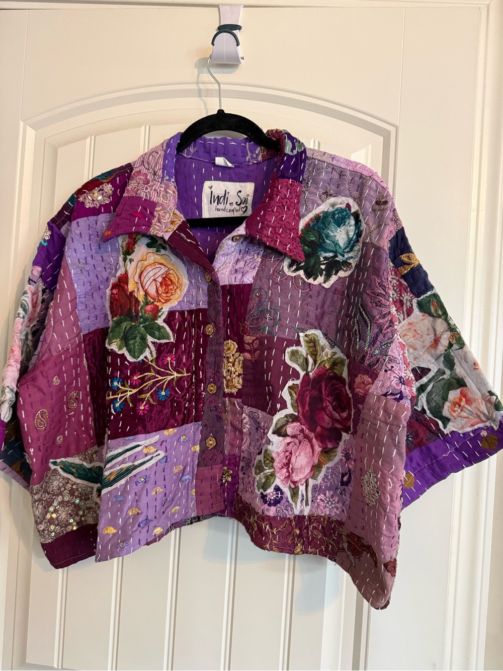 Purple Patchwork Floral Button-Front Top